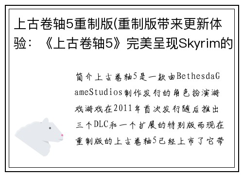 上古卷轴5重制版(重制版带来更新体验：《上古卷轴5》完美呈现Skyrim的奇妙历险)